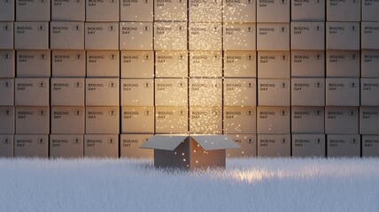 Boxing day, Christmas, Shopping Boxing Day Gift Reveal: Sparkling Light Emerging from Open Box