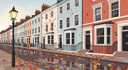 Obraz premium Colorful row houses line a street in autumn, with fallen leaves and a lamppost.