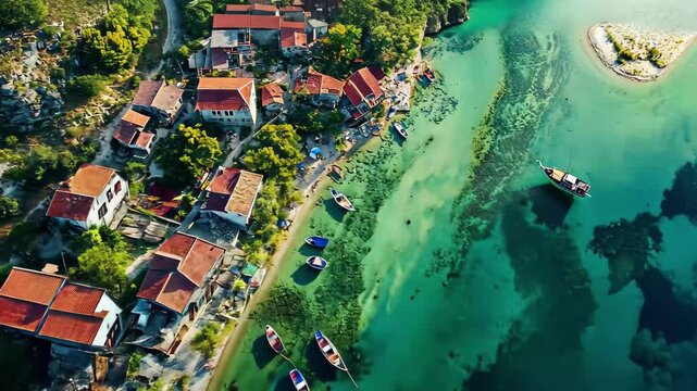 Aerial view of Dalyan in Mugla Province Turkey showcasing vibrant landscape and tranquil waters, Aerial view of Dalyan in Mugla Province, Turkey