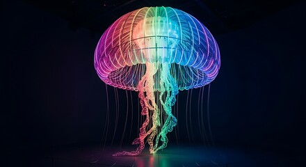 Colorful Glowing Jellyfish in Dark Space, Digital Art, Abstract Underwater Creature