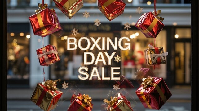 Boxing day, Christmas, Shopping Festive Boxing Day Sale Display with Red and Gold Gift Boxes and Snowflake Accents - Powered by Adobe