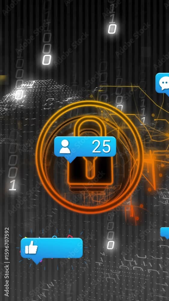 Poster Animation of digital lock with social media notifications over binary code background