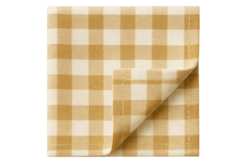 Yellow and white checkered cloth napkin folded for dining on a transparent background