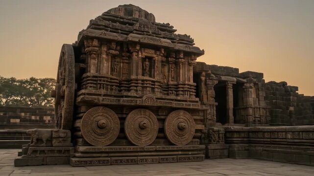 Ancient Stone Chariot at Sunrise - A majestic stone chariot, intricately carved with ancient details, stands majestically at sunrise.