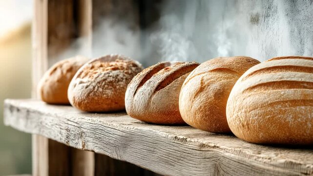 Freshly baked hot bread sits on a wooden display case in a cozy bakery. Steam rises from it, creating a feeling of warmth, coziness and a homely atmosphere.