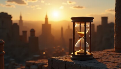 Time is running out in an urban hell. An hourglass with loose sand is superimposed on an image of a city crumbling due to time.