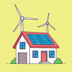Eco-Friendly Home with Solar Panels and Wind Turbines Sustainable Living and Renewable Energy for a Green House. Modern Architecture Powered by Clean Technology