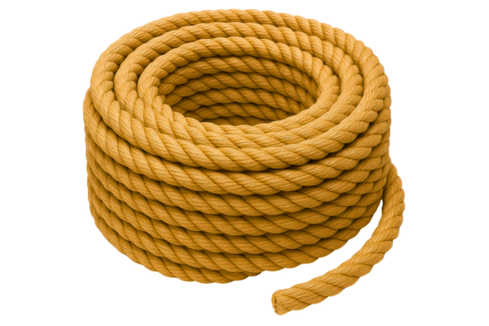 Tightly wound coil of thick yellow rope on a transparent background