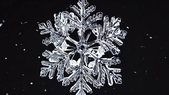 macro video real glowing snowflake against black surface showing intricate crystal structure crisp 4k nature weather holiday themed motion