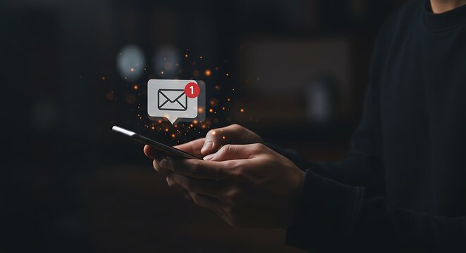 A person is holding a smartphone with an email notification popping up, indicating a new message received on their mobile device