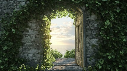 A weathered stone doorway framed by climbing ivy, opening onto a radiant expanse of sky and light