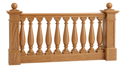 Elegant wooden balustrade with detailed carvings and warm natural tones, isolated against pure