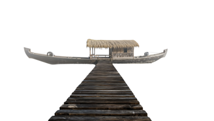 Elevated boathouse on a wooden pier, an architectural dream suspended in time, amidst a serene,