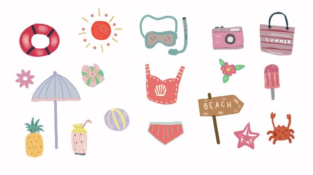 Hand-drawn summer animation with beach accessories, tropical fruits, ice cream, and vacation elements
