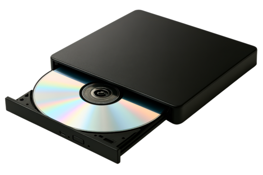 External computer optical disc drive with the tray open and a disc on a transparent background