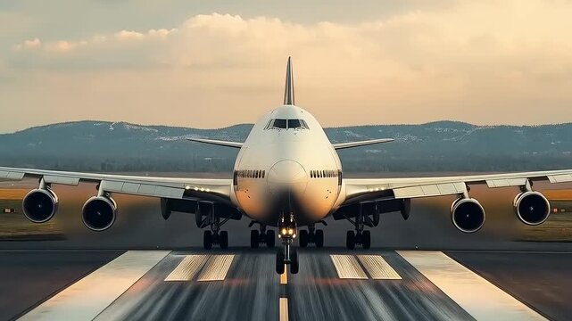 Boeing 747 prepares for flight with runway perspective and clear sky landscape