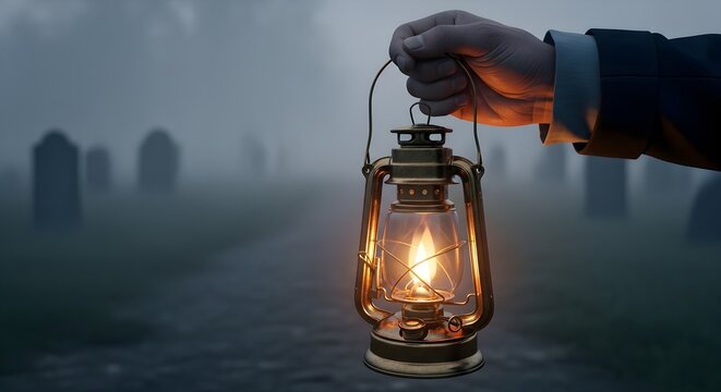 Mysterious Man Holds Lit Oil Lantern in Foggy Graveyard at Dusk