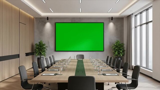 Modern conference room with a large green screen display.