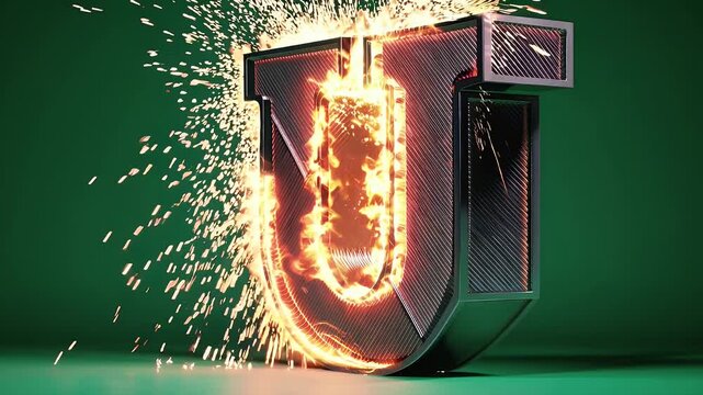 Present industrial coolness via vertical K metal letter “U” laser cut from glowing iron charred edges shimmering offering impactful logo stinger alphabet pack gritty title