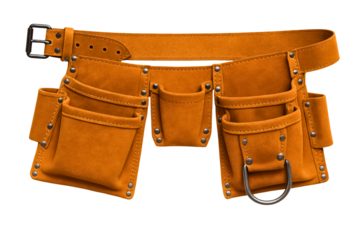Suede leather construction tool belt with multiple empty pouches on a transparent background