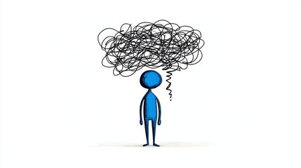 A stylized figure surrounded by chaotic thoughts, representing confusion and mental clutter.