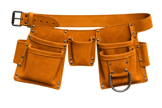 Suede leather construction tool belt with multiple empty pouches on a transparent background