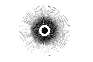 Circular abstract design with radiating lines and a central black dot on a white background image