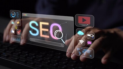 SEO concept for improving SEO visibility, with SEO related digital tools and SEO performance icons shown in an focused layout for strategic marketing. Muxer