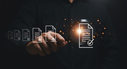 A hand is using a magnifying glass to review a document checklist with a check mark, ensuring compliance and verification