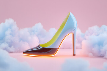 Shiny High Heel Shoe Placed Above Soft Colorful Clouds