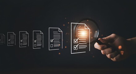 A hand is using a magnifying glass to inspect digital checklist icons, emphasizing verification and confirmation