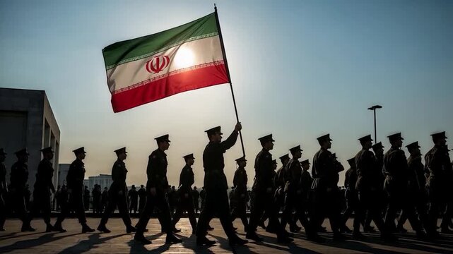 Marching Iranian Army Silhouettes with National Flag &ndash; Strong Patriotic Visual in Cinematic Light

