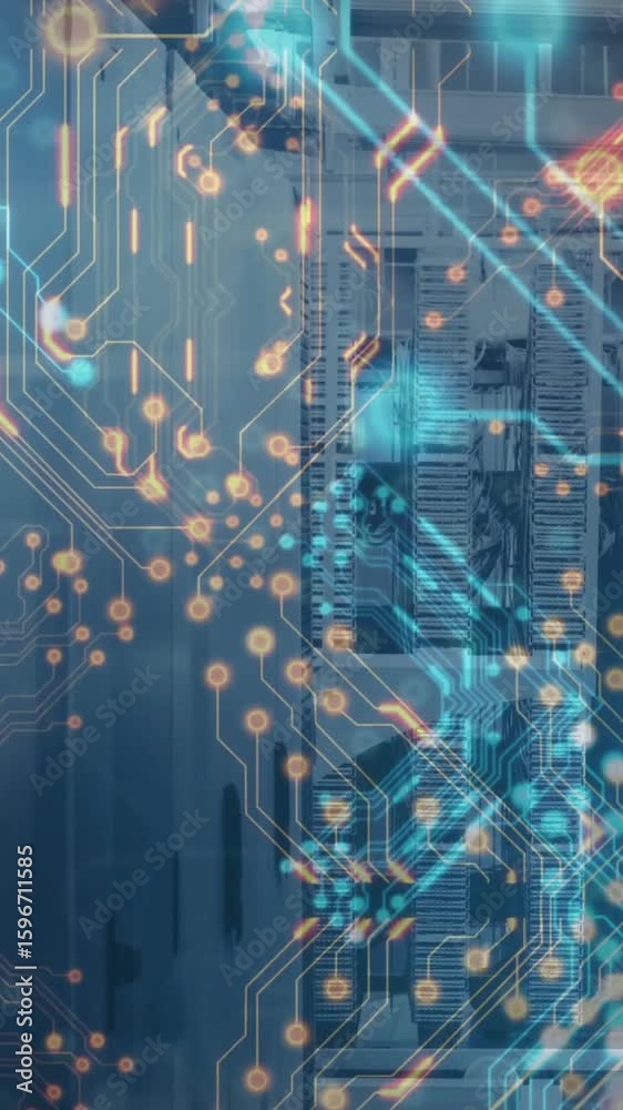 Poster animation of digital circuit patterns overlaying server racks in data center