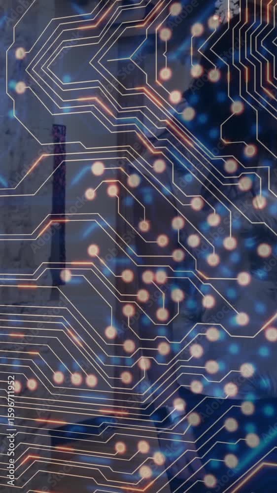 Poster glowing connections overlaying circuit board pattern on abstract animation background