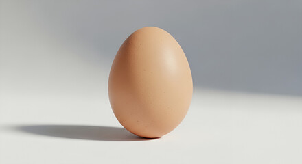 A brown egg standing upright on a white to gray surface with soft side lighting and natural shadow.