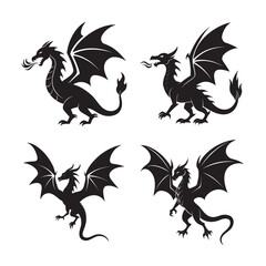 dragon breathing fire silhouette set bundle on the white  background