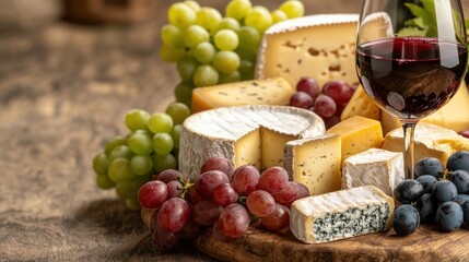 Cheese Platter with Red and Green Grapes and Glass of Red Wine on Rustic Wooden Table