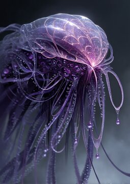 alien biomorph horror, asymmetrical body made of luminous membranes, pulsating organic strands, dripping with galactic mucus, surreal biological terror 