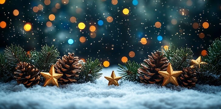 Golden stars pinecones fir branches snow festive lights christmas - Powered by Adobe