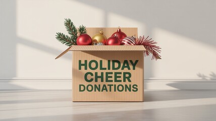 Boxing day, Christmas, Shopping Festive Holiday Cheer Donations Box with Ornaments and Greenery