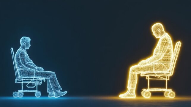 A conceptual representation of two figures in contrasting states of mind, depicted through digital outlines.