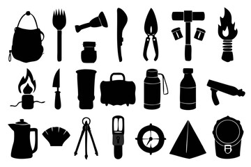 A rugged and practical silhouette collection featuring iconic camping gear and essentials. Perfect for outdoor brands, survival guides, product packaging, and travel brochures
