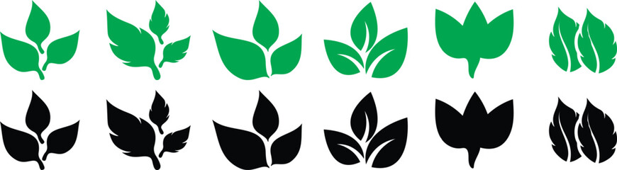 Leaf sprout icon vector set, green and black leaves plant eco logo symbol simple graphic illustration set,  Leaves on white background. Ecology. Vector illustration.