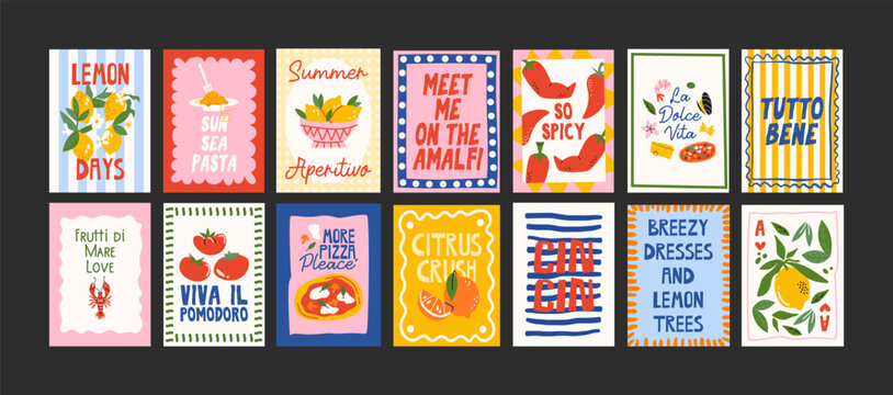 Abstract Italian posters in 90s style. Bright compositions: pizza, lemons, cocktails, seafood in cartoon trendy retro style. Decor for kitchens, cafes and restaurants. Minimalist banners for wall