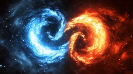 Cosmic Dance of Blue and Orange Nebulae in Space