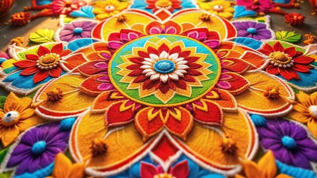 Vibrant and colorful rangoli design featuring floral patterns for festive decoration