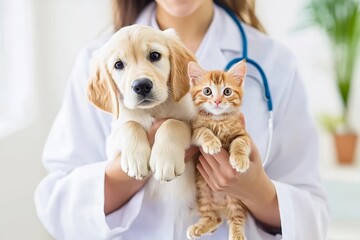 Veterinarian holding a puppy and a kitten, showcasing care for pets