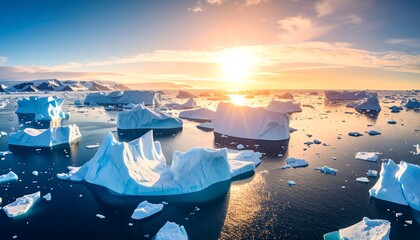 Icebergs in a sunlit Antarctic bay