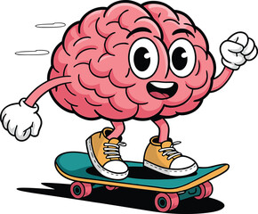Cartoon brain character enjoying skateboarding and demonstrating concept of mental agility