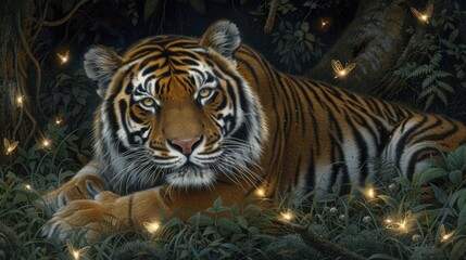 Obraz premium Majestic tiger resting in lush jungle surrounded by glowing butterflies